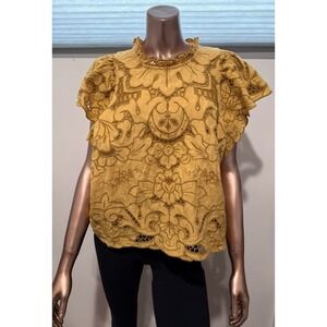 Anthropologie Marigold Floral Eyelet Lace Ruffle Sleeve Top Boho Cottagecore/M